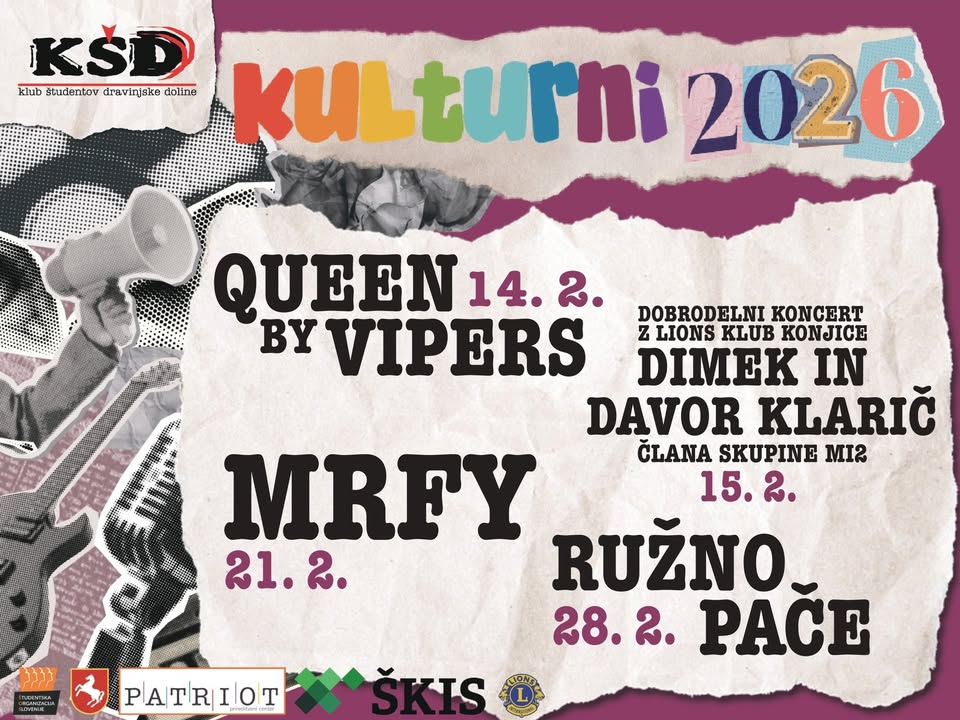 Kulturni 2026: MRFY, Queen tribute, Dimek in Davor Klarič , Ružno Pače